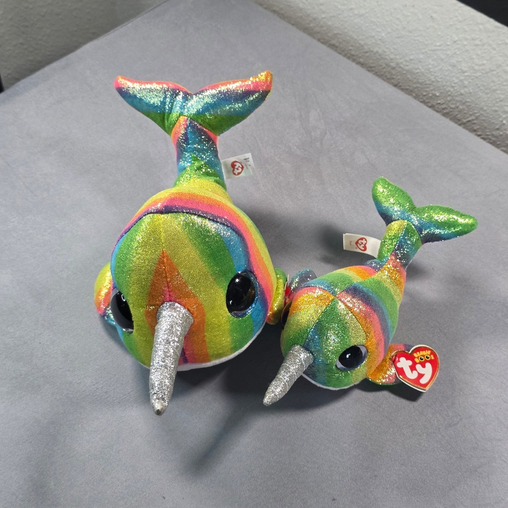 Ty Beanie Boos Nori Narwhal Rainbow‎ Striped Plush Set Regular 6" Medium 9" Horn
